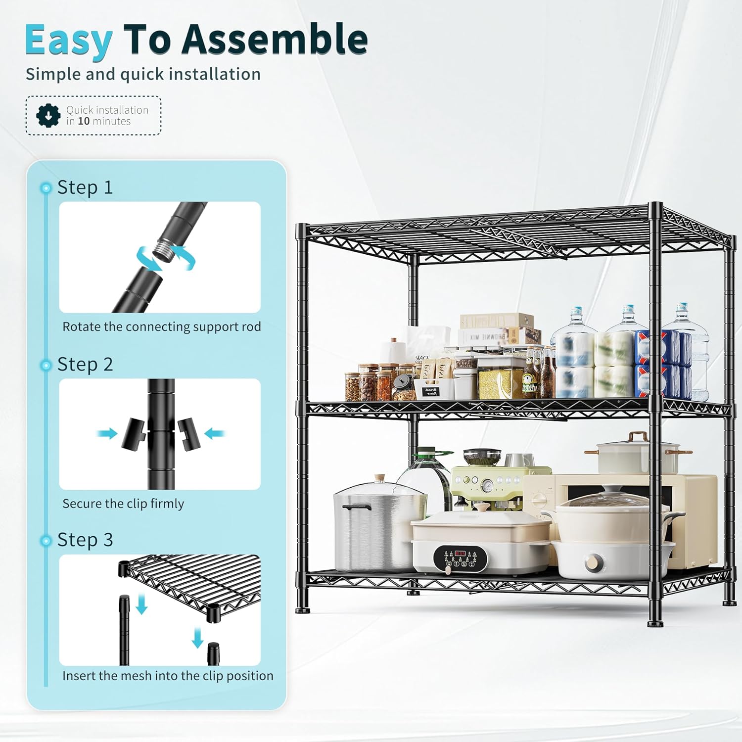 3-Tier Adjustable Metal Shelving,Heavy Duty Wire Storage Rack 35.4"W x 23.6"D x 35.4"H, Tool-Free Assembly, Large Capacity Storage Shelves for Bathroom,Kitchen,Laundry,Bedroom,Pantry,Black