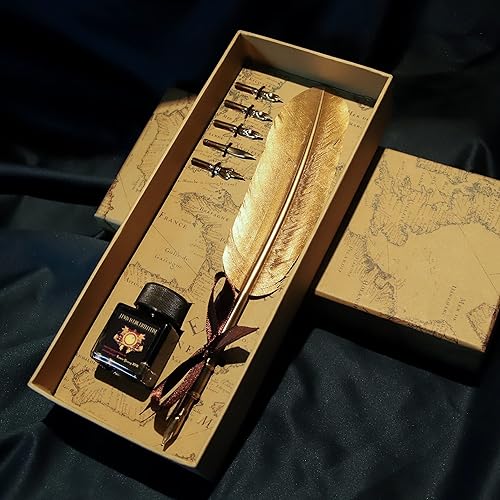 Feather Calligraphy Pen Set Writing Dip Ink Quill Pen Wedding Signature Fountain Pen Birthday Xmas Gift for Kids (Green Feather Pen)