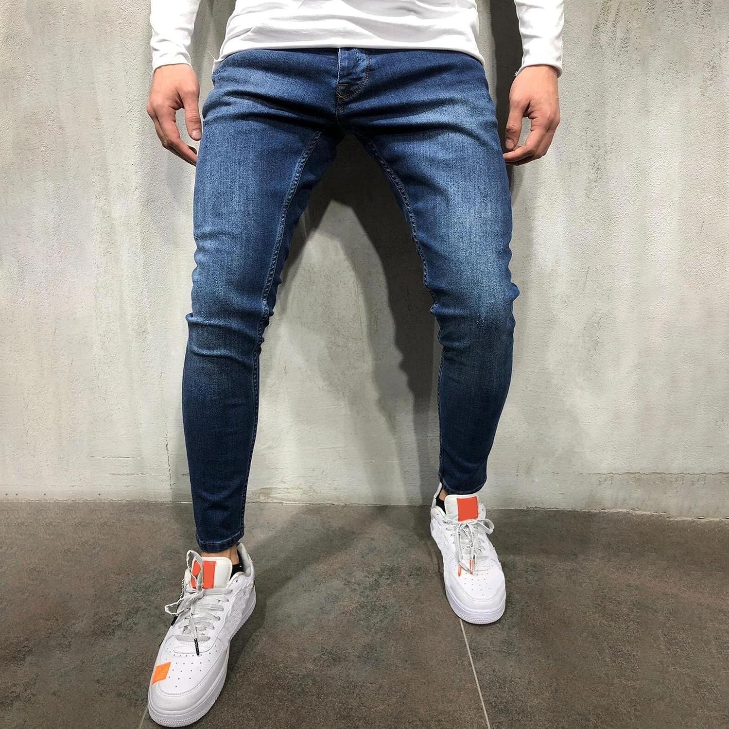 Men Washed Tapered Leg Denim Pants Young Stretch Slim Fit Skinny Jeans Y2K Classic Retro Mid Waist Jean Trousers