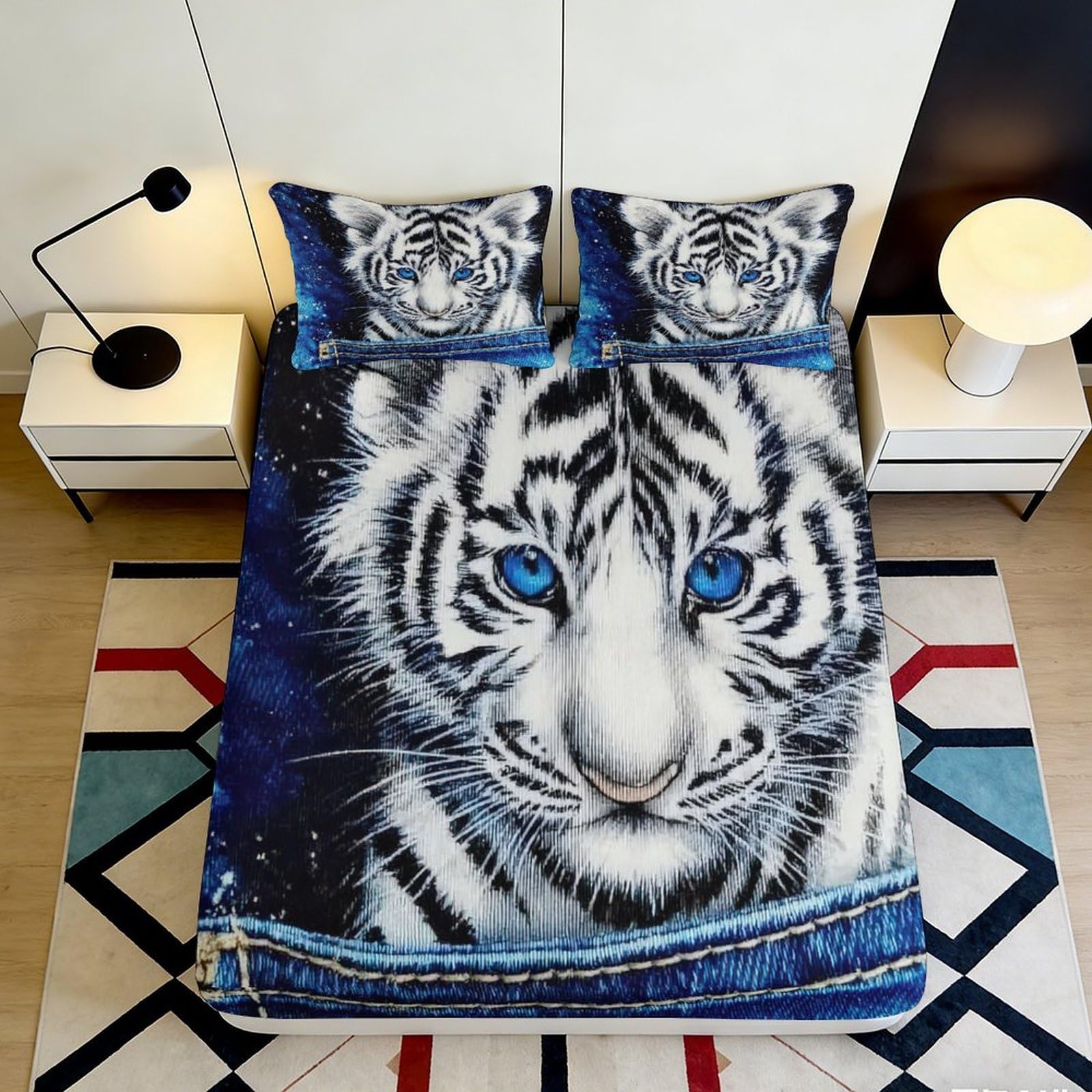 3D Printed White Tiger Fitted Sheet Microfiber Soft Blue Eyes Animal Bed Cover for Bedroom Dorm Decor Mattress Protection 90x200x25cm