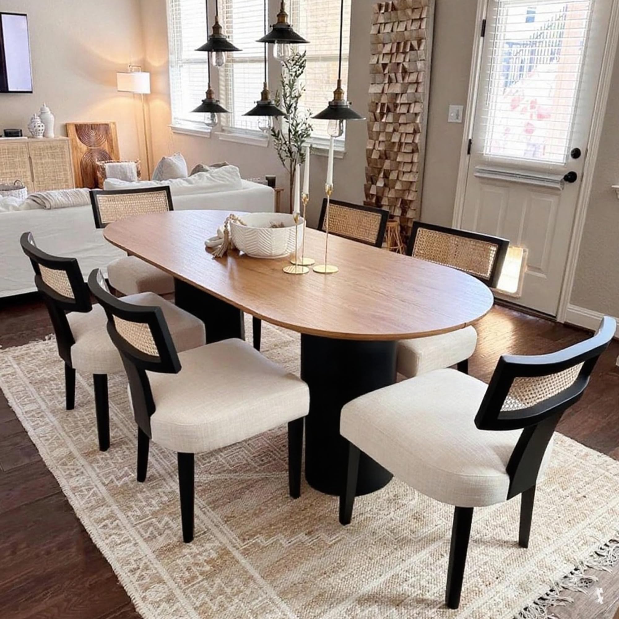 HNY Mid Century Modern Rattan Dining Chairs Set of 6, Farmhouse Linen  Upholstered Accent Chair Curved Backrest Kitchen Chairs, with Black Hardwood