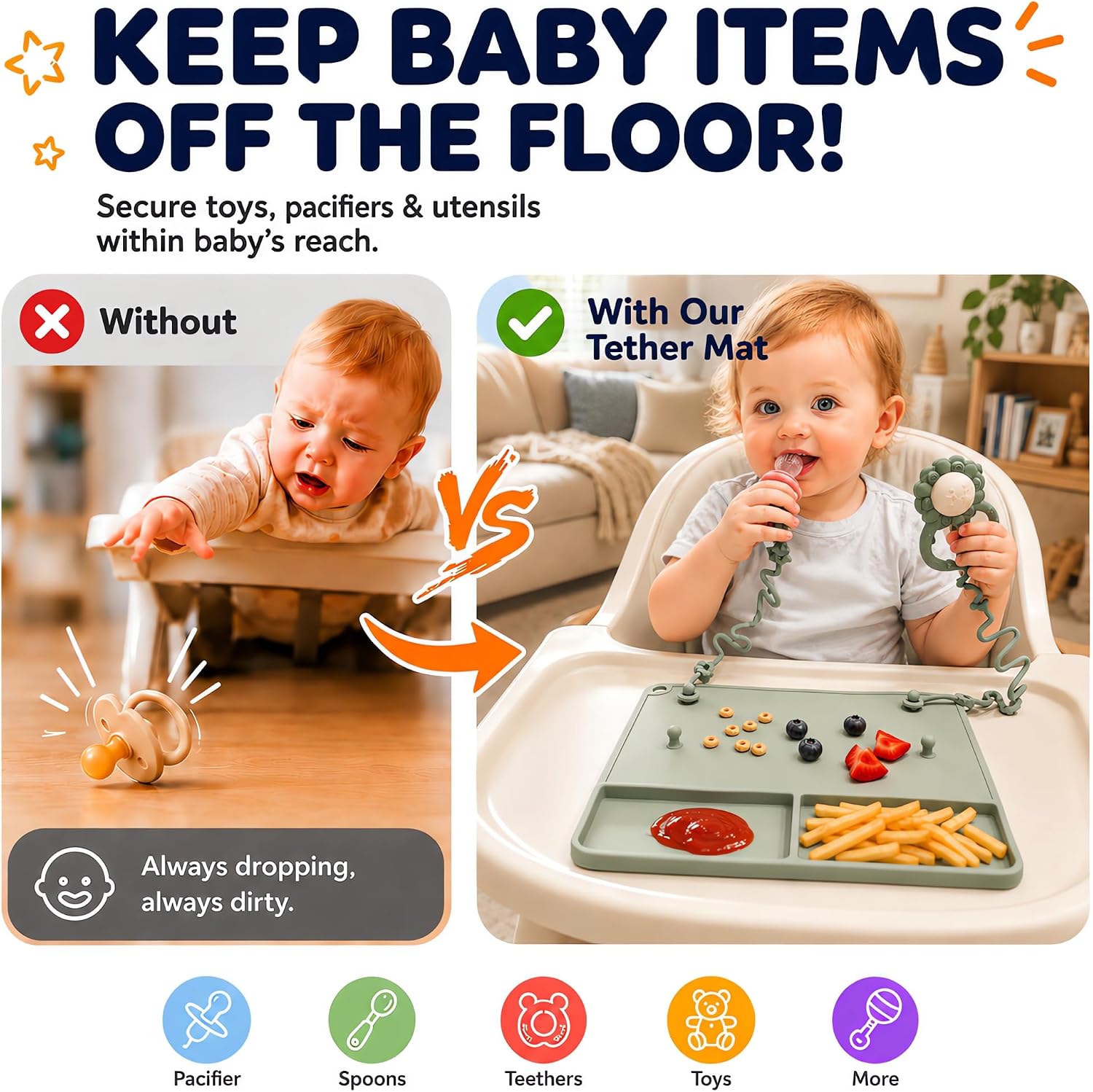 2 Pack Baby Silicone Mat with Suction Base & 8 Stretchable Straps, Lovbaby Baby Placemats, Portable Anti-Drop Activity Mat for High Chair & Table, Keeps Pacifiers & Toys Clean (Sage+Ether)