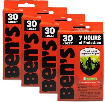 Bens Tick & Insect Repellent Wipes - 30% DEET for Mosquitoes, Ticks & More - Up to 7 Hours of Protection - Alcohol- & Fragrance-Free - 12 Wipes 4 Pack