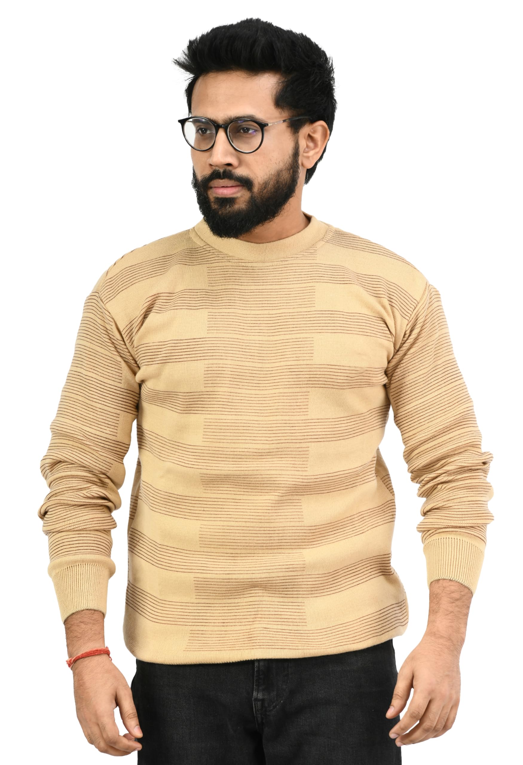 manra Men Round Neck Solid Plain Full Sleeve Woolen Winter Pullover Sweater (Light Fawn-XXL)-picture-22