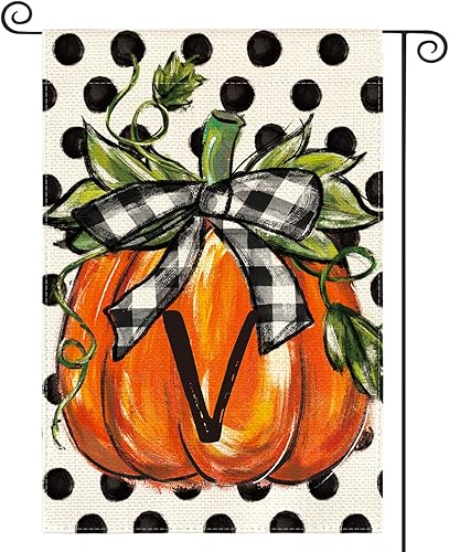 Miniatura 16 de AVOIN colorlife Bandera de jardín con monograma de otoño con letra C, diseño de calabaza, con diseño de lunares, 12 x 18 pulgadas, doble cara