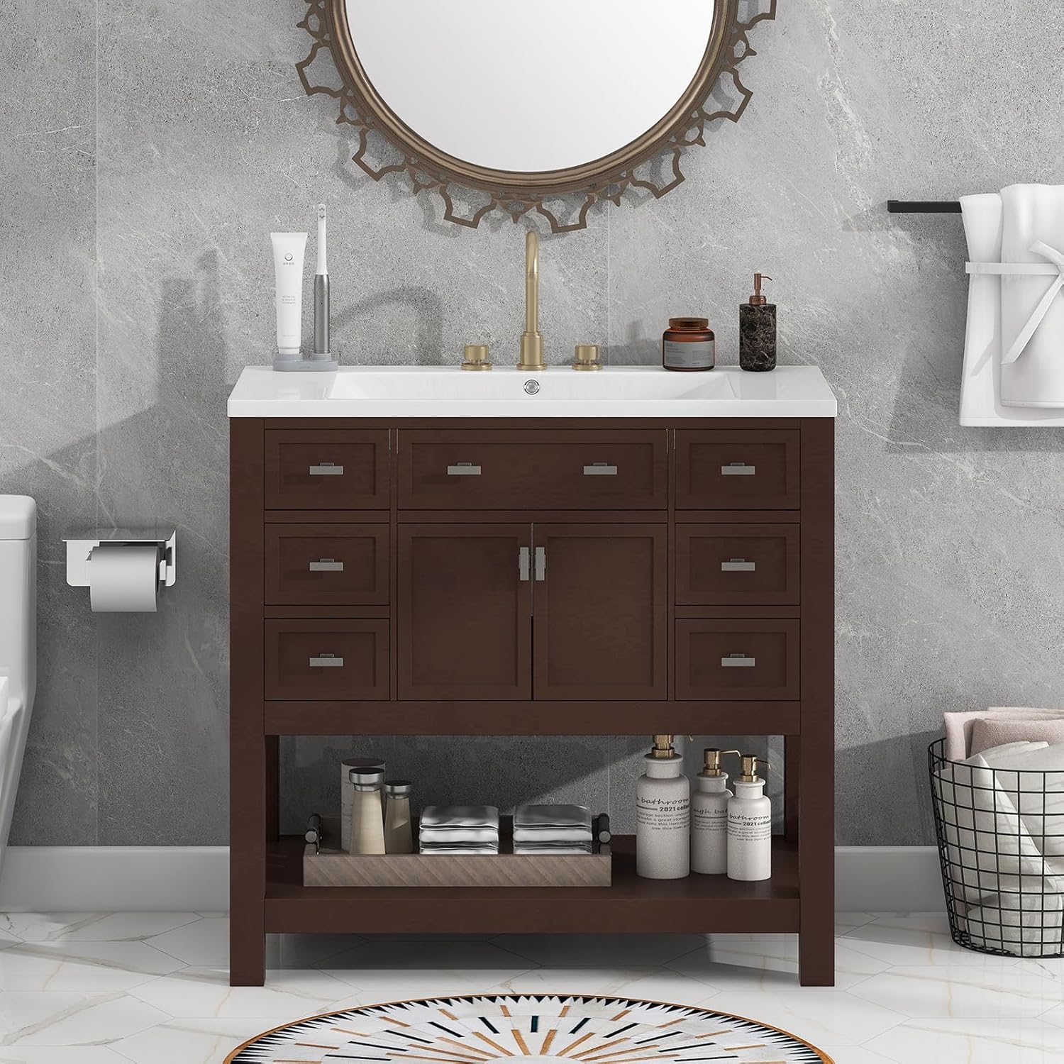 36" Modern Bathroom Vanity Sink Combo, Freestanding Bathroom Storage Cabinet with White Ceramic Countertop Sink Bathroom Vanity Set with 2 Soft Closing Doors and 6 Drawers for Apartment Dorm, Brown