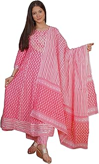 Meera FabWomen's Cotton Printed Anarkali Kurta With Palazzo & Dupatta Set With Handwork