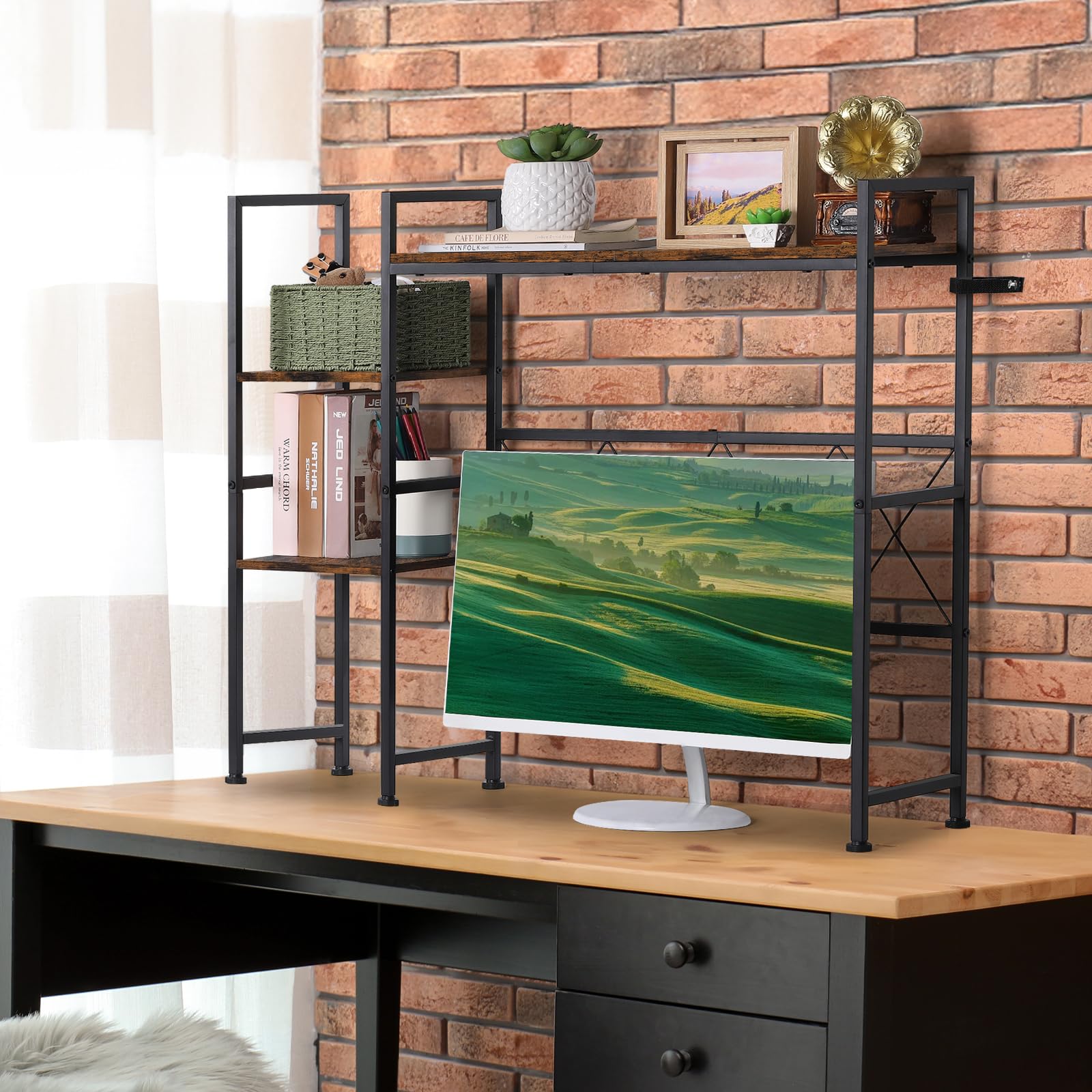 YBING Libreria da scrivania per computer, multiuso, a 3 livelli, con espositore organizer marrone, mensola per scrivania, solo per ufficio, casa, dormitorio, soggiorno
