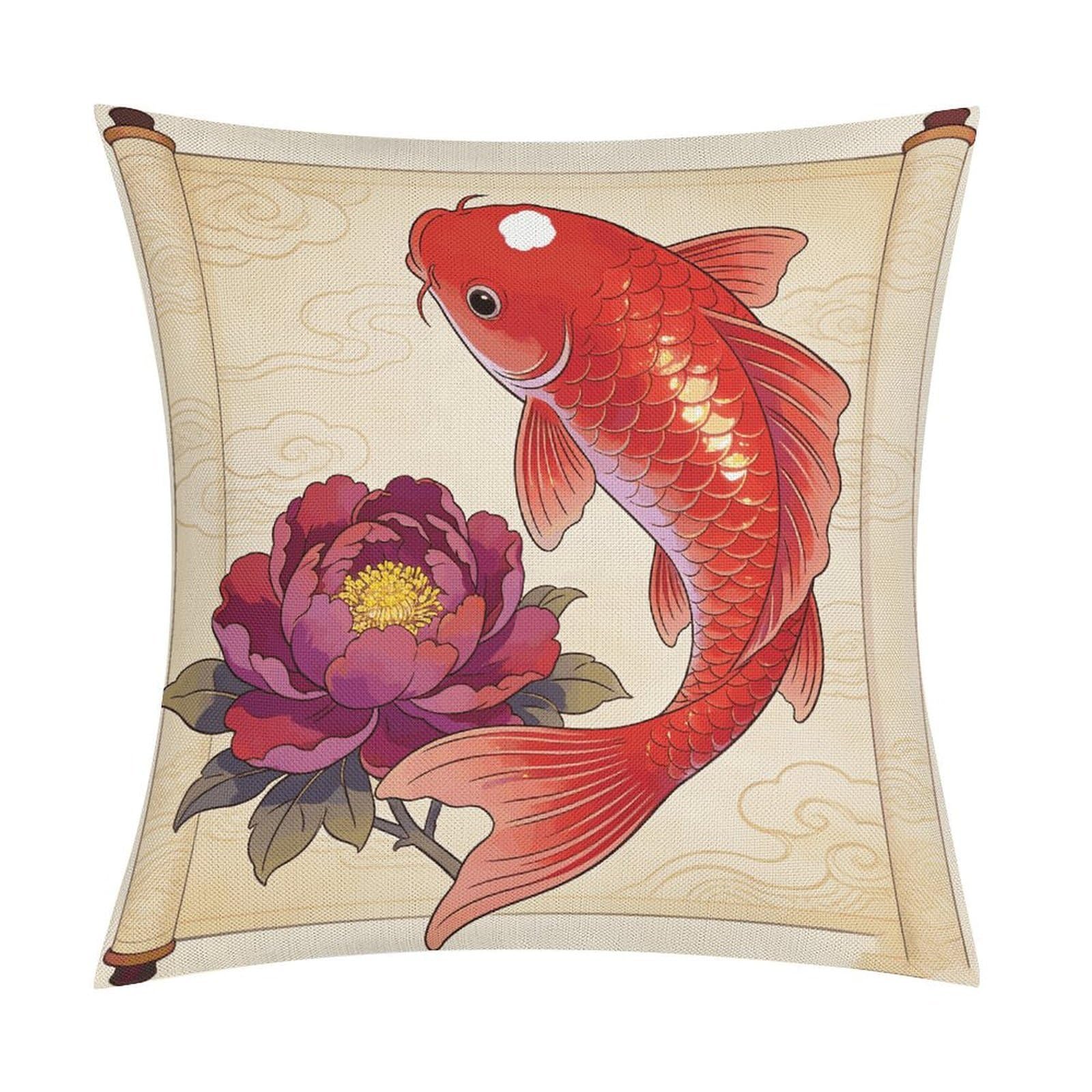 LZQPOEAS Koi Carp Bring Spring Throw Pillow Covers, Waterproof Faux Linen Pillow Cases with Invisible Zipper, Decorative Square Cushion Covers for Sofa Couch Living Room Bedroom 18x18 Inch