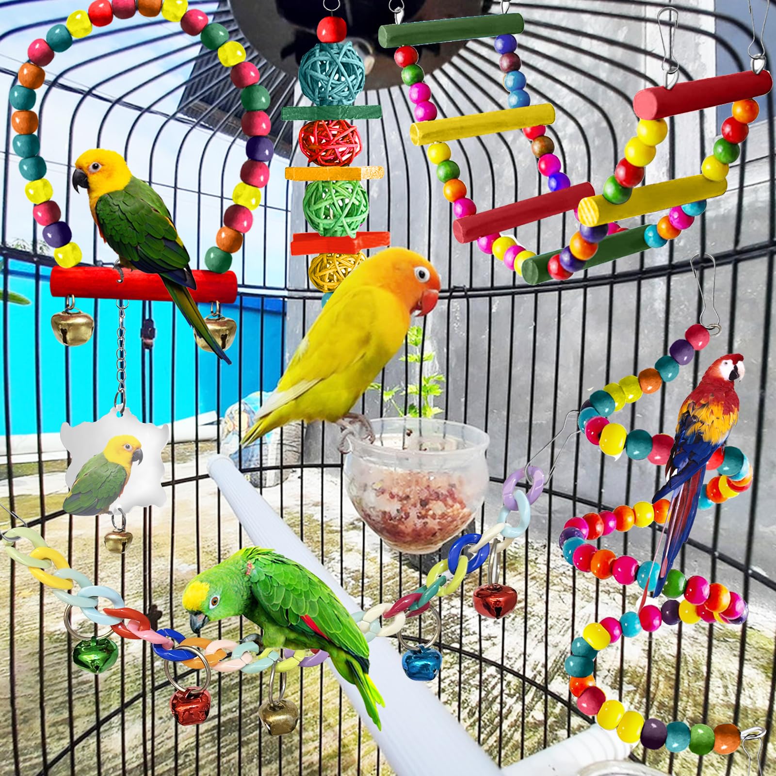 Giochi per Uccelli Pappagalli, Giochi per Pappagalli, Altalene Giocattoli per Uccelli, Giocattolo da Masticare, Altalena Arrampicata In Piedi, per Cockatiels, Pappagallini, Inseparabili