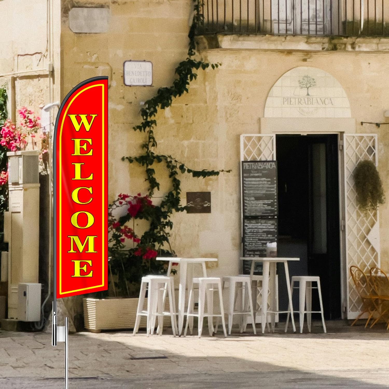 Welcome Flag Banner - 11.5x2.5 Ft Advertising Swooper Flag for Outdoor Business and Events Promotion - Welcome Signs Windless Full Sleeve Banner for Restaurants, Diners, Markets