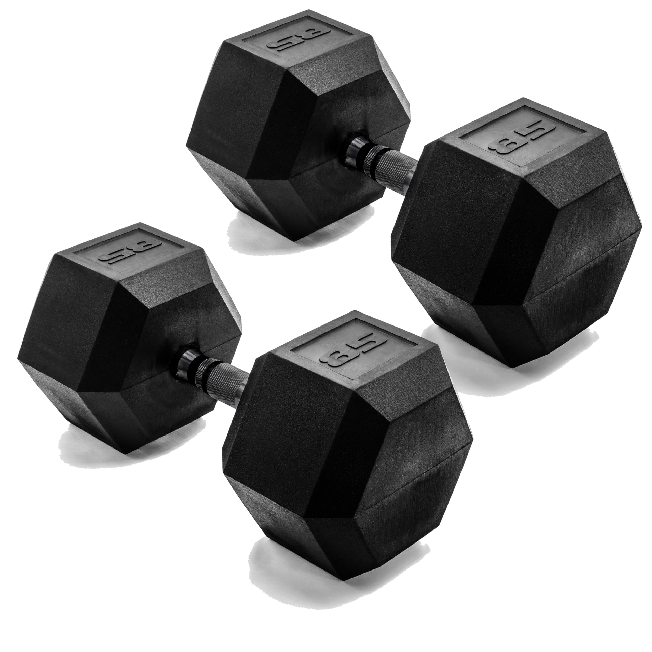 CAP Rubber Coated Dumbbell Weights, Free Weights for Home Gym Strength Training, Anti-Roll Hex Dumbbells with Black, Chrome &amp; Comfort Grip Handles, Pairs &amp; Sets