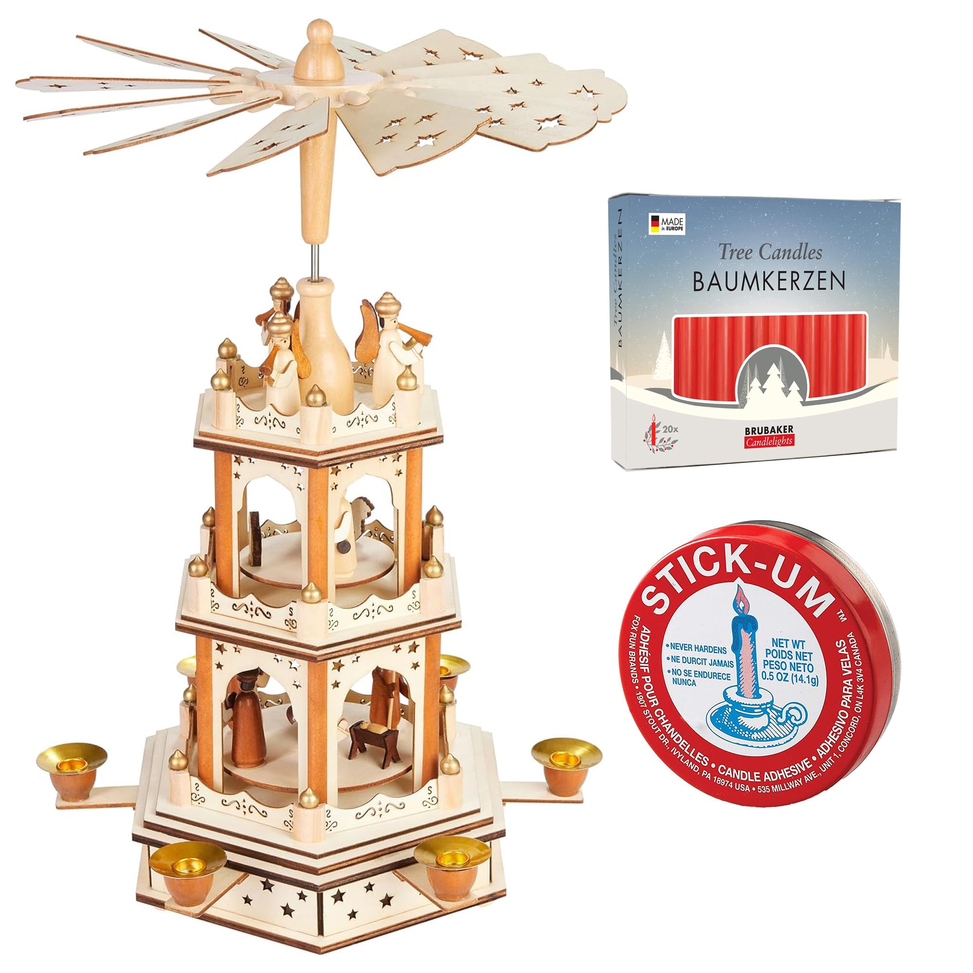 BRUBAKER Christmas Pyramid - 3-Tier Rotating Wooden Pyramid - 18 Inch Candle Decoration Made of Wood - Hand-Painted Figures + 20 Red Candles + Stick-Um Candle Adhesive