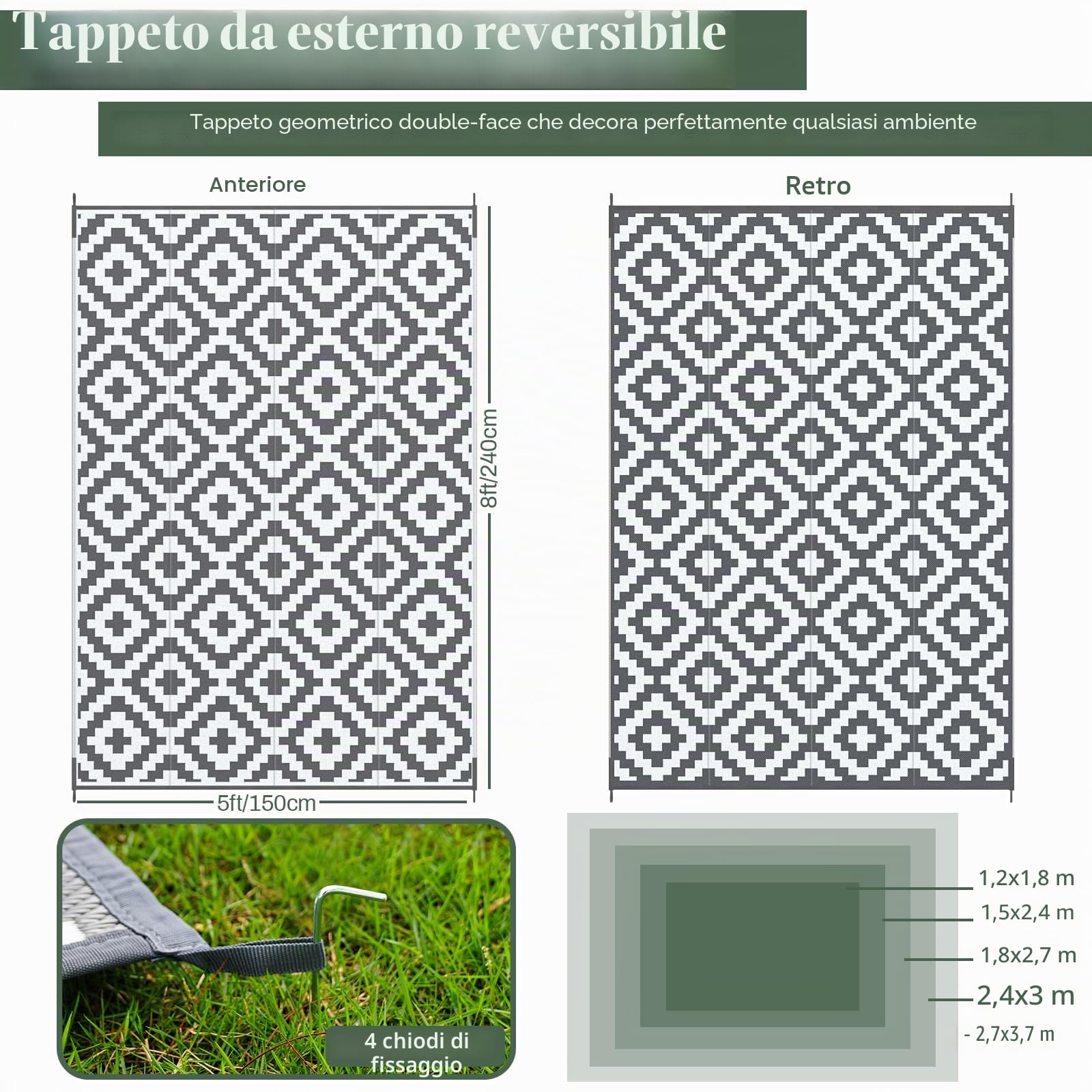 Mokani Tappeto da esterno 150x240cm antiscivolo impermeabile UV resistente plastica giardino patio spiaggia