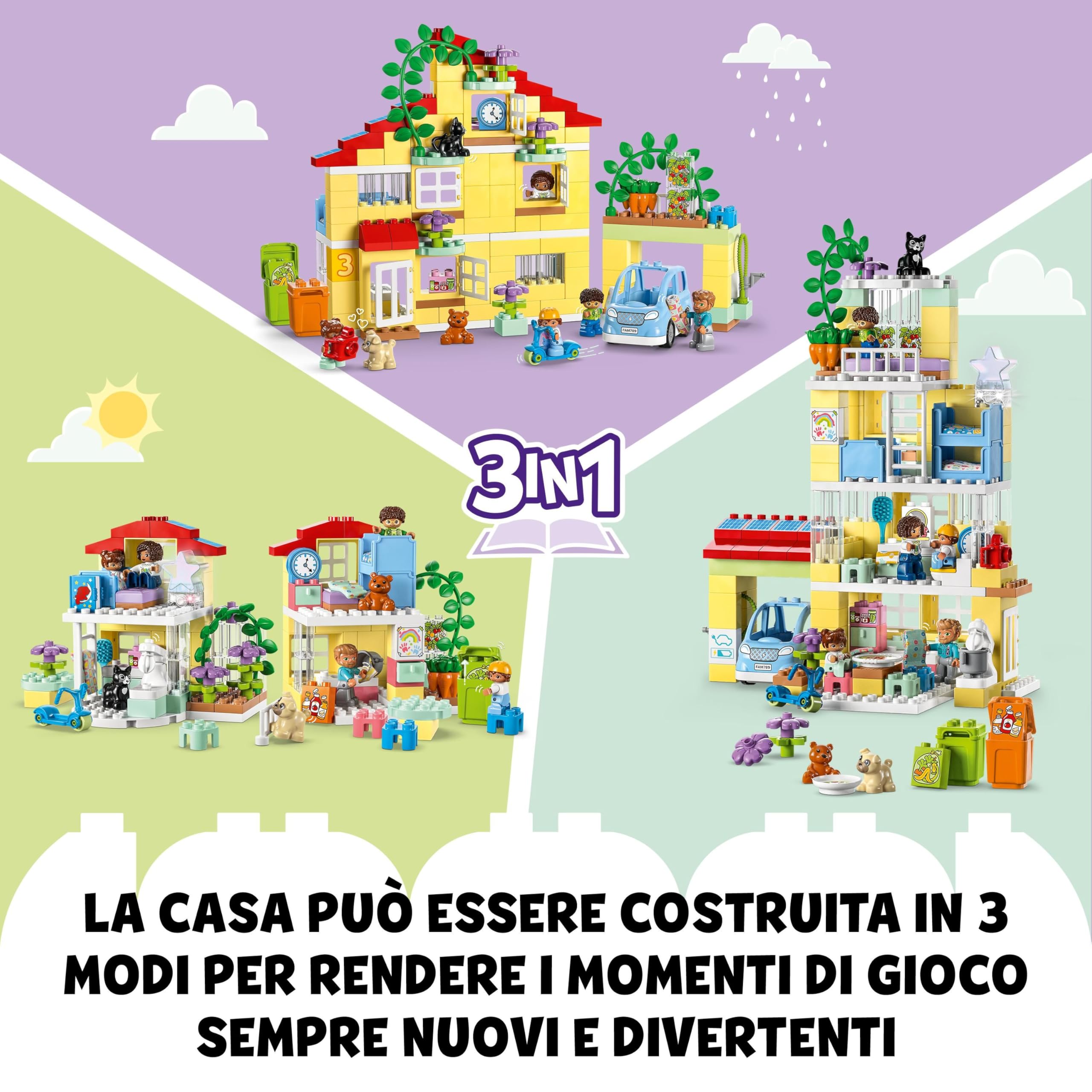 LEGO 10994 DUPLO Casetta 3 in 1, Casa delle Bambole in Mattoncini con Auto Push-and-Go, Giochi per Bambini e Bambine dai 3 Anni in su con 5 Figure, 2 Animali e Lampada Luminosa