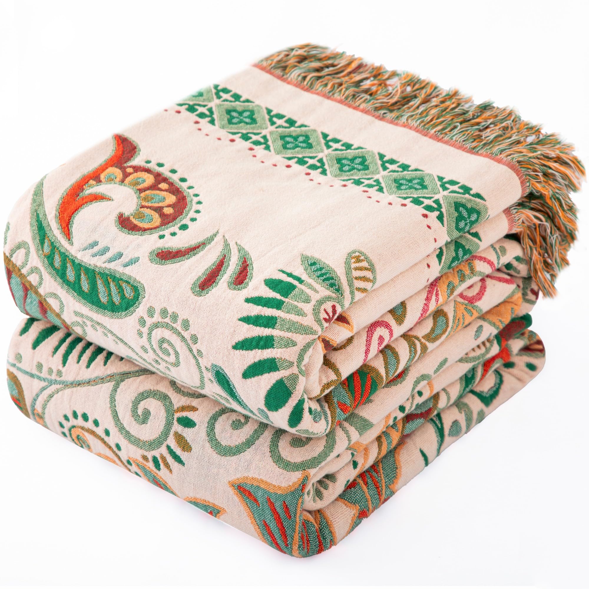 Colcha Boho con Flecos de, Manta de Muselina Reversible 100% algodón de 150 x 200 cm, Manta Suave y acogedora para sofá y Cama, Transpirable, para salón y Dormitorio, Uso Durante Todo el año OEKO-TEX STANDARD 100
