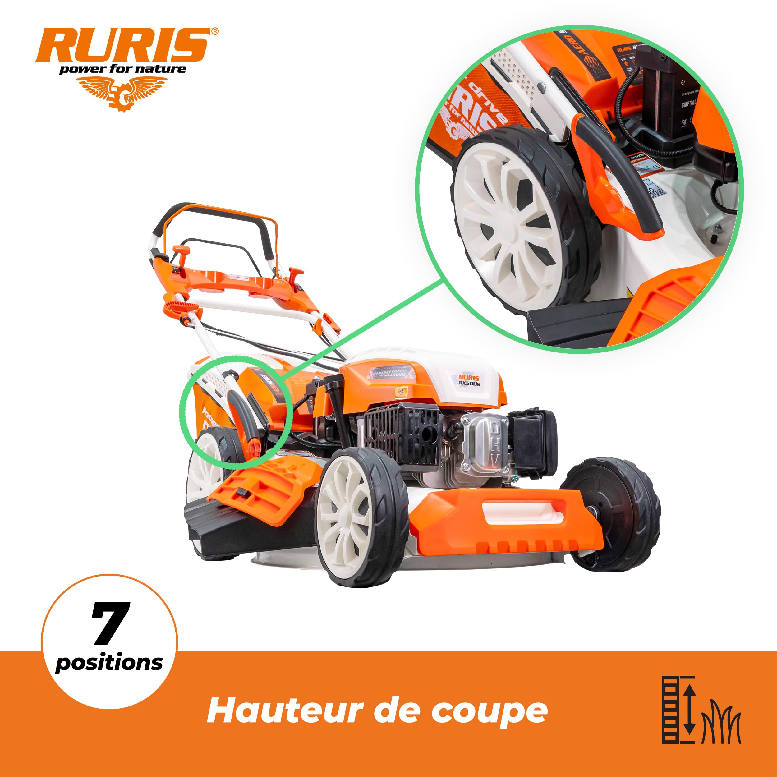 RURIS POWER FOR NATURE Tondeuse à Gazon Thermique 5 en 1 Mulching 5,7 CV 196cc RX500S, Orange | Démarrage électrique. Ramassage, Éjection Arrière et Latérale, Mulching, Nettoyage, Châssis en Acier