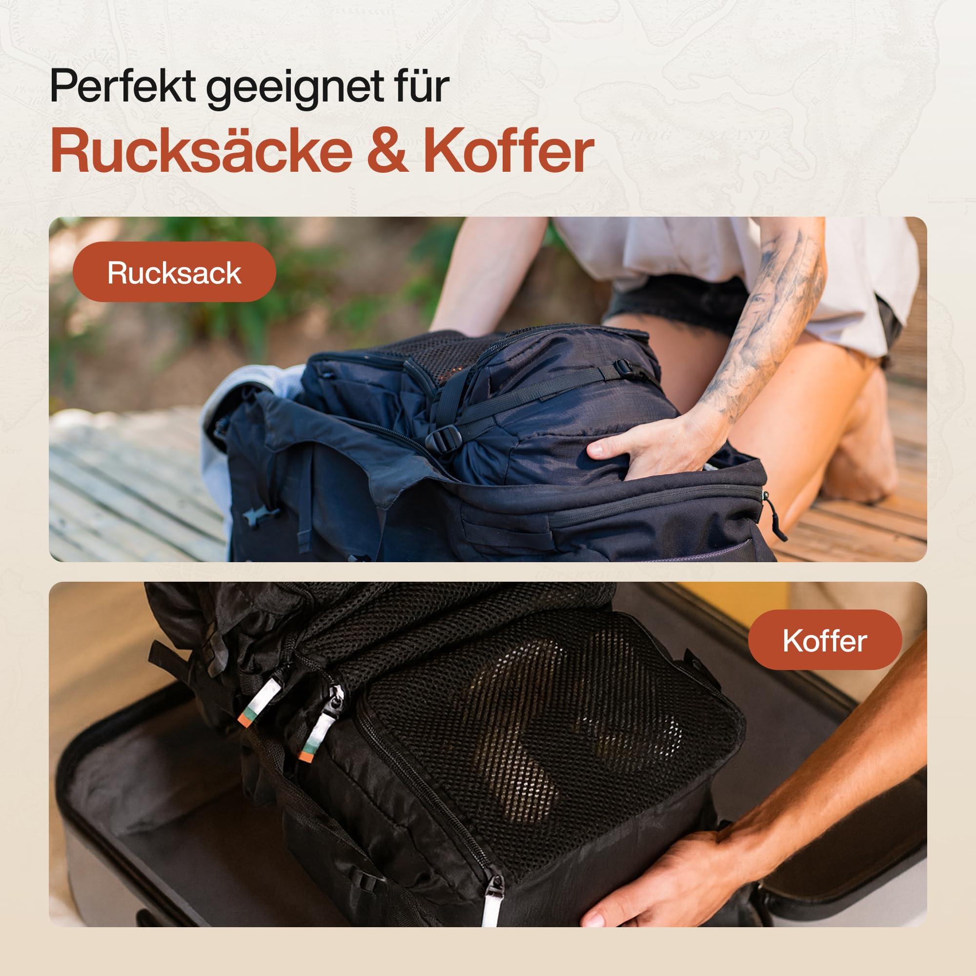 TRAVEL DUDE Hanging Packing Cube mit Kompression aus recycelten Plastikflaschen, Hängende Packwürfel für Rucksack, Reise Regal, Tragbare Packtaschen als Koffer Organizer und Zubehör in Schwarz