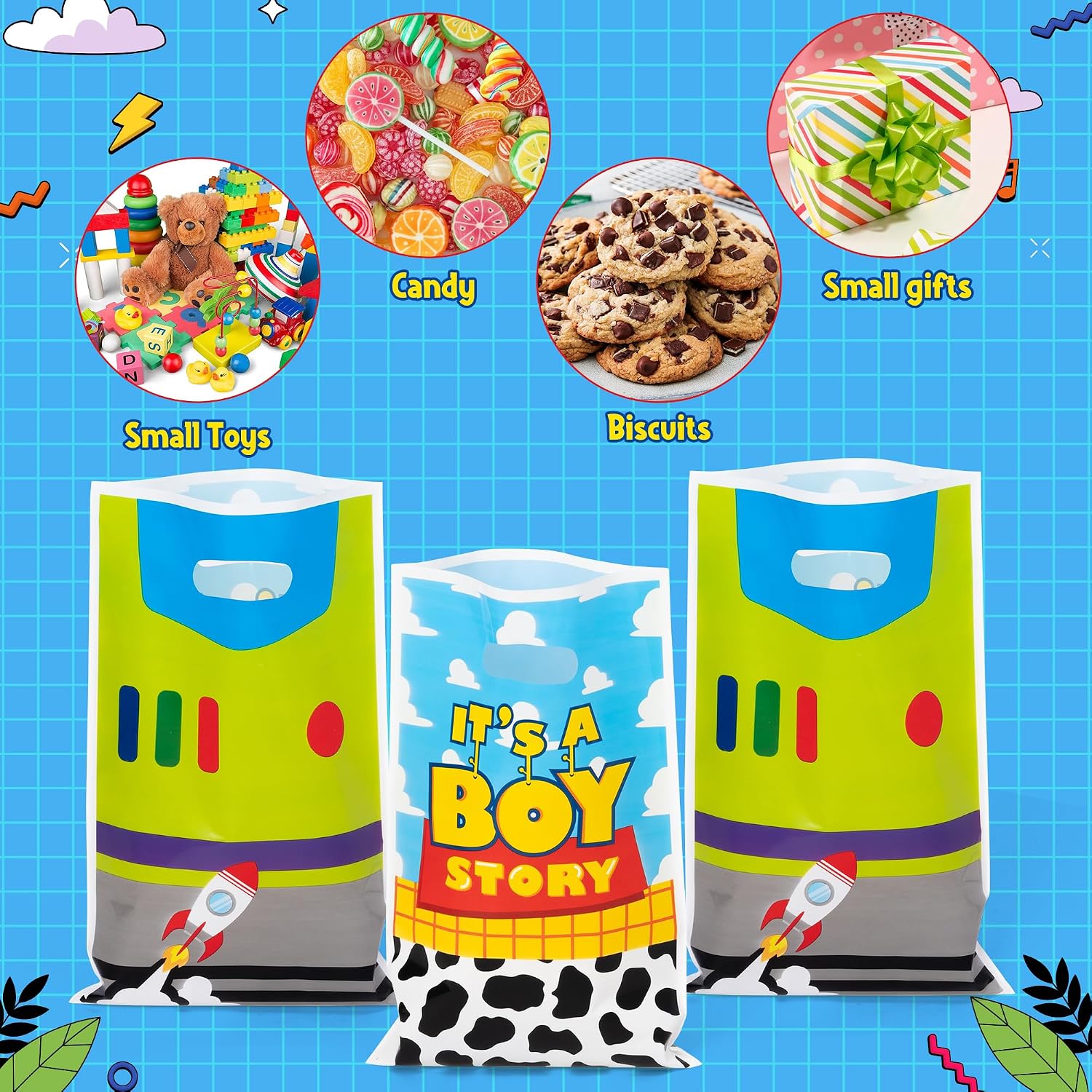 Andi Cppss Cartoon Story Party Favor Bags - 50PCS Boy Story Party Gift Bags for Boys Plastic Goodies Bag with Handle for Birthday Parties Supplies Boys Baby Show Birthday Parties Favor Treat Candy Bag image 4