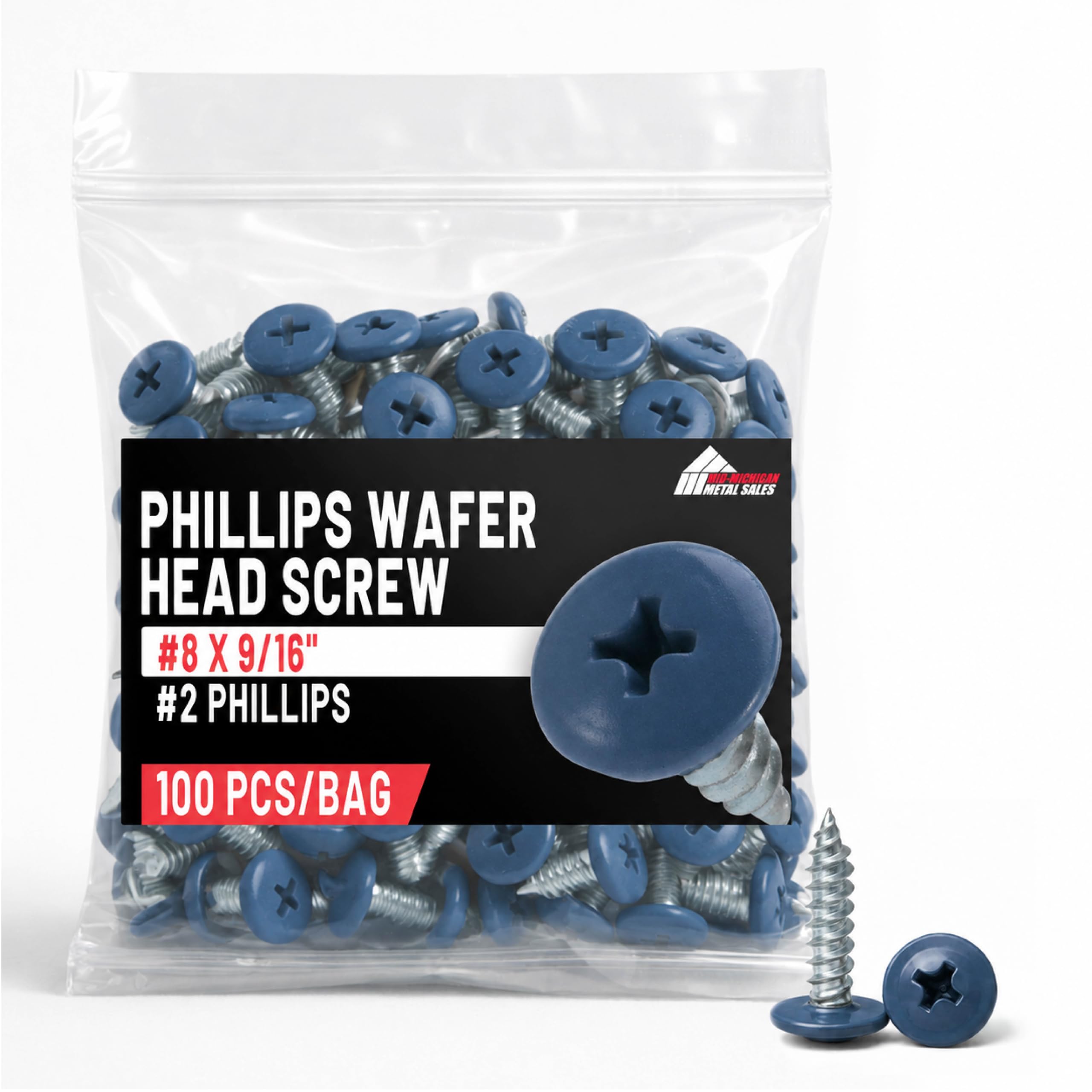 #8 x 9/16" Phillips Wafer Head Trim Screw (Gallery-Blue) 5.6oz, Zinc Plated | Self-Piercing Fasteners for Metal & Wood – Wide Head Prevents