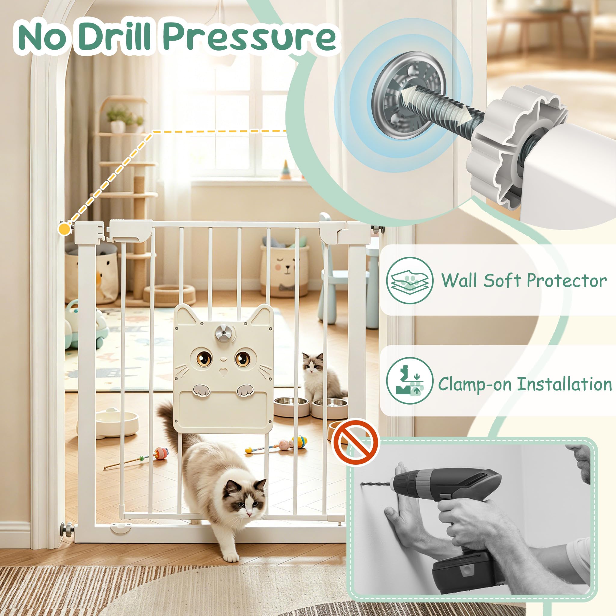 UISEBRT Türschutzgitter Treppengitter ohne Bohren mit großer Katzenklappe für Breiten 105-115 cm,180° beidseitig öffnen Autoclose Doppelschloss Metall Absperrgitter für Baby Hund Katze,Weiß