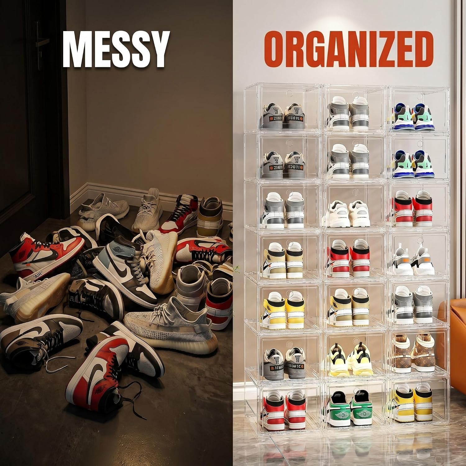 Clear Stackable Shoe Boxes 9 Pack, Foldable Magnetic Door Shoe Storage Containers, Thick Sturdy White Shoe Organizer Bins for Household Closet and Small Space