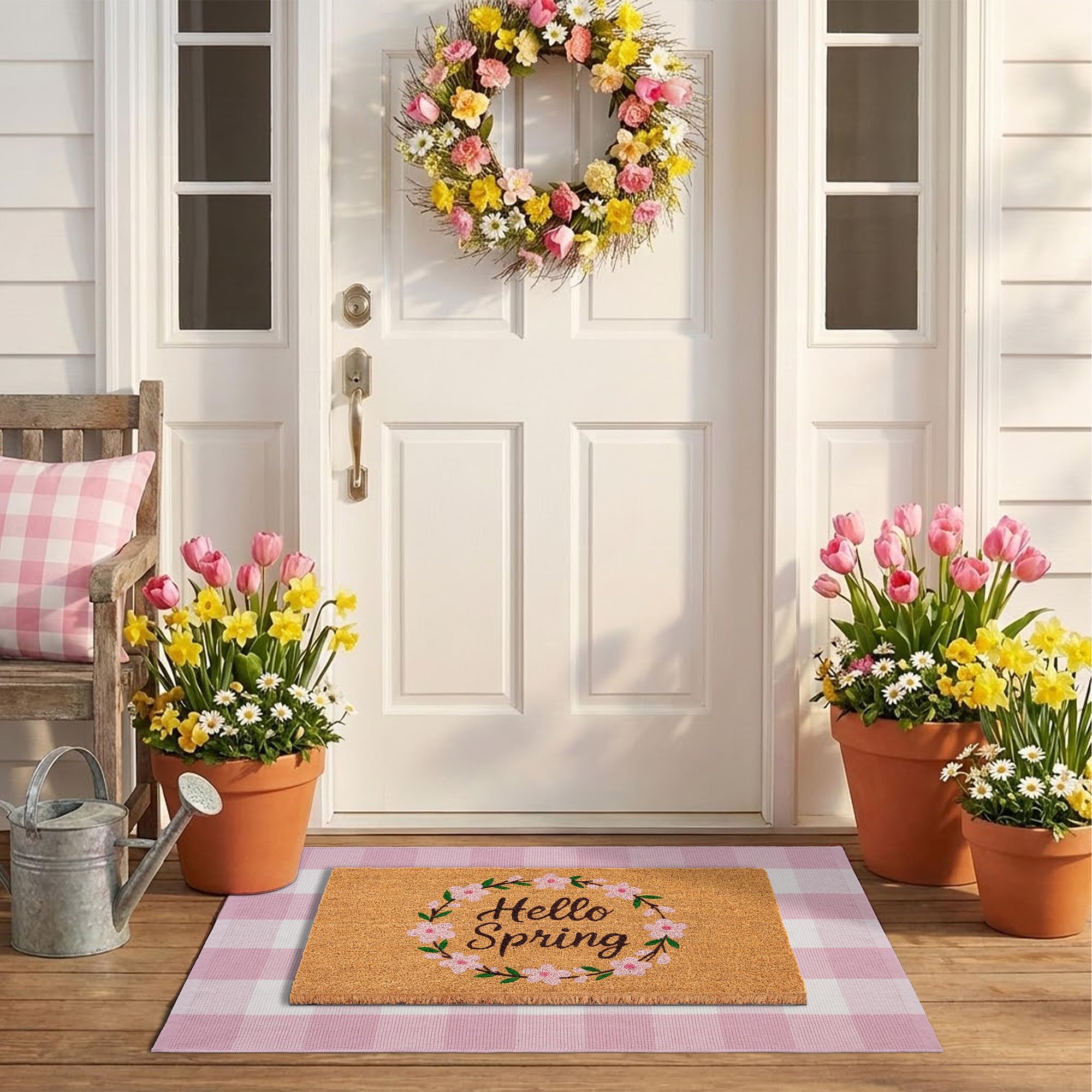 Spring Door Mat Layered Doormat Set, Hello Spring Coir Doormat with Pink & White Plaid Layering Rug, Farmhouse Front Door Welcome Mat for Porch Entryway (Pink, 2'4" x 3'7")