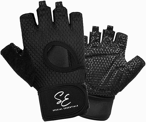 Miniatura 7 de Special Essentials Guantes de entrenamiento para hombres y mujeres, guantes de levantamiento de pesas sin dedos con acolchado antideslizante para