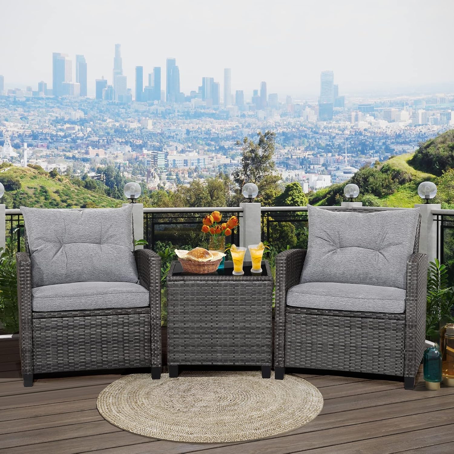 RELAX4LIFE Wicker Patio Furniture Sets - 3 Pieces Rattan Sofa Set, Outdoor Conversation Set with Tempered Glass Tabletop, Heavy-Duty Steel Frame, Wicker Chair Set for Poolside, Backyard, Grey