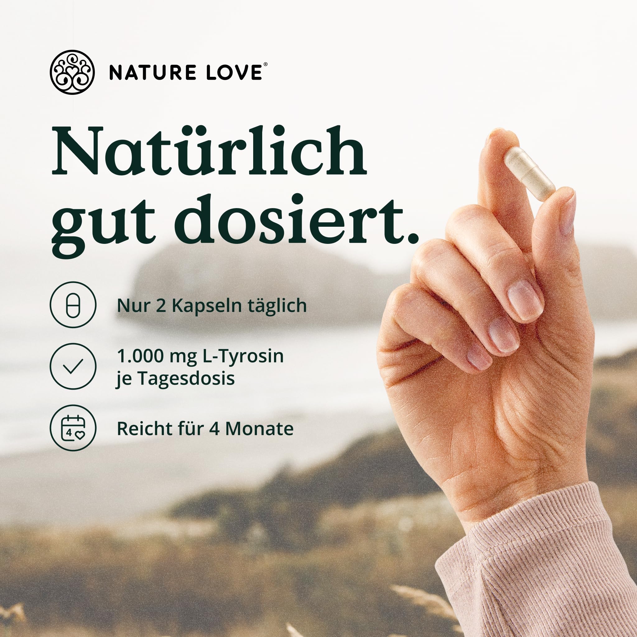 Nature Love L-Tyrosin 240 vegane Kapseln - 1000 mg pro Tagesdosis - 4 Monate Reichweite - aus Fermentation, laborgeprüft und in Deutschland produziert - ohne unerwünschte Zusätze