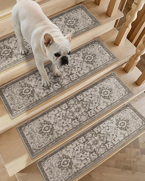 JSEI Stair Treads for Wooden Steps, 15 Pack 8" X 30" Non-Slip Machine Washable Carpet Stair Treads with TPE Backing, Soft Indoor Stair Rug Runner for Kids Elders & Pets, 100% Polyester, Beige/Brown