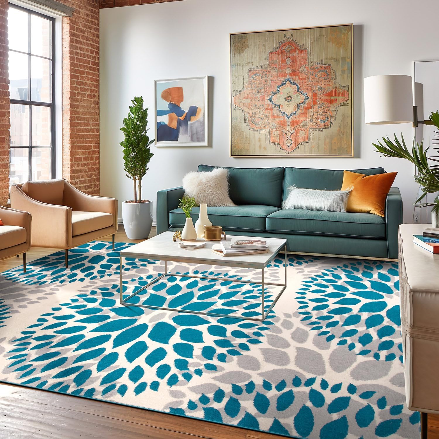 Rugshop Modern Floral Circles Design for Living Room,Bedroom,Home Office,Kitchen Non Shedding Area Rug 7'6" x 9' 5" Blue