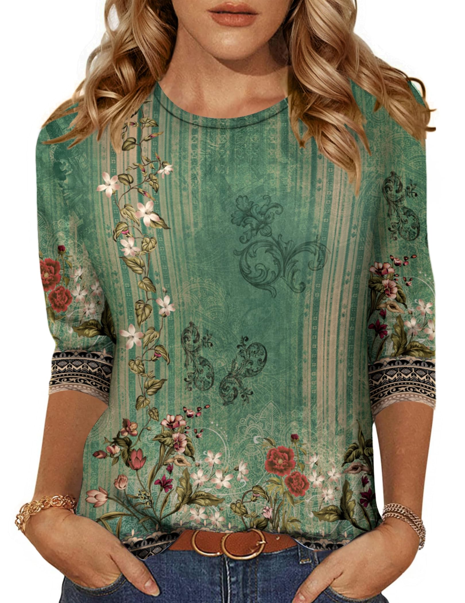 Zeagoo Damen T Shirt 3/4 Arm Shirt Rundhals Bluse Casual Work Oberteile Frühling Sommer S-3XL