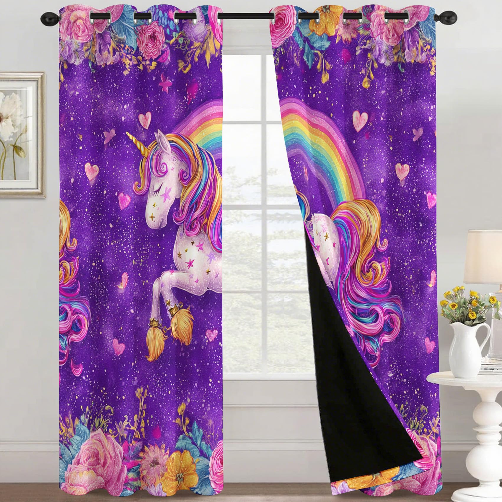 Générique Rideau Occultant Licorne, Lot de 2 Rideaux Occultant Thermique Isolant à Oeillets, Motif Enfants Filles Arcs-en-Ciel, Decoration Chambre Salon Fenetre, 140 L x 260 H (A-919)