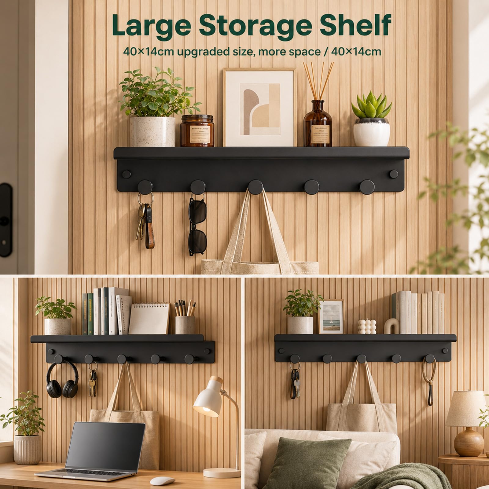 Scaffale da parete per pannelli acustici, 40 x 14 cm, senza fori, con ganci, in metallo nero opaco, accessori per casa e ufficio