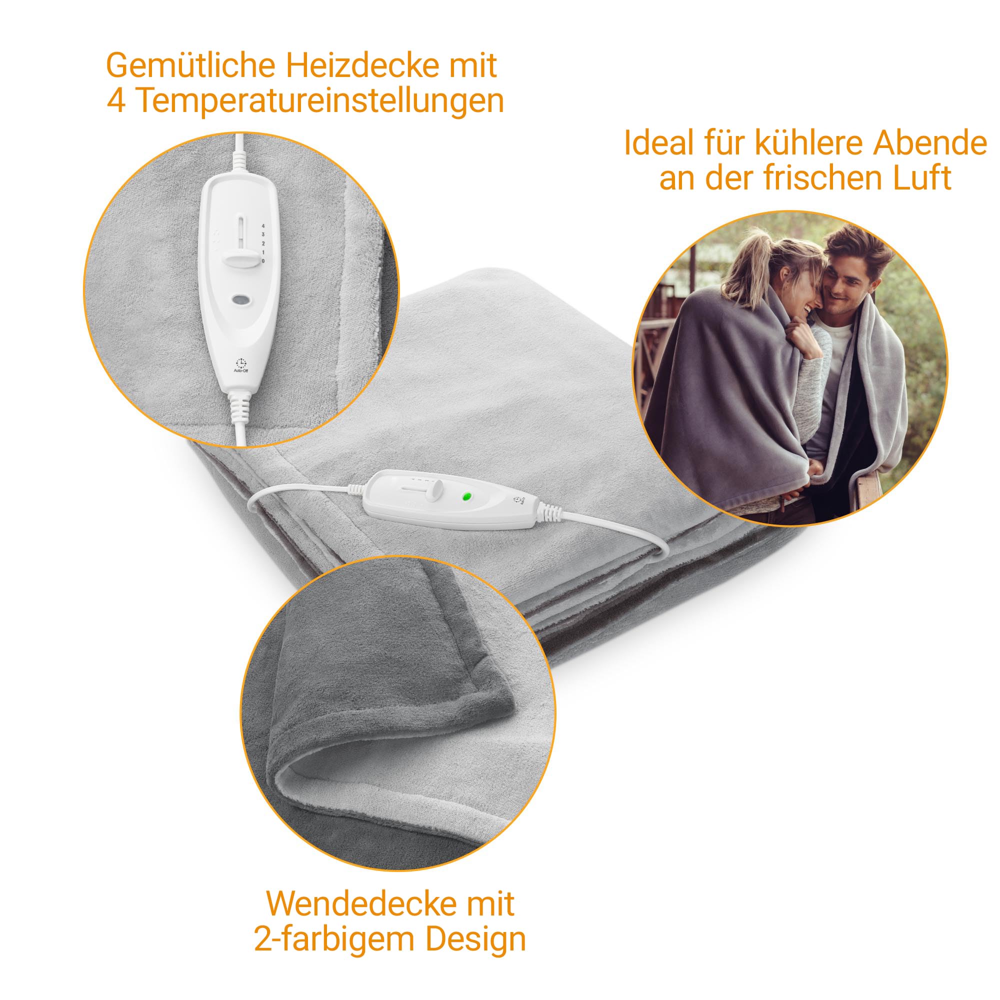 medisana HDW Kuschelheizdecke, Heizdecke waschbar, Wärmedecke elektrisch mit Abschaltautomatik, 4 Temperaturstufen, 2-farbig Wendeoptik, grau/dunkelgrau, 180 x 130 cm