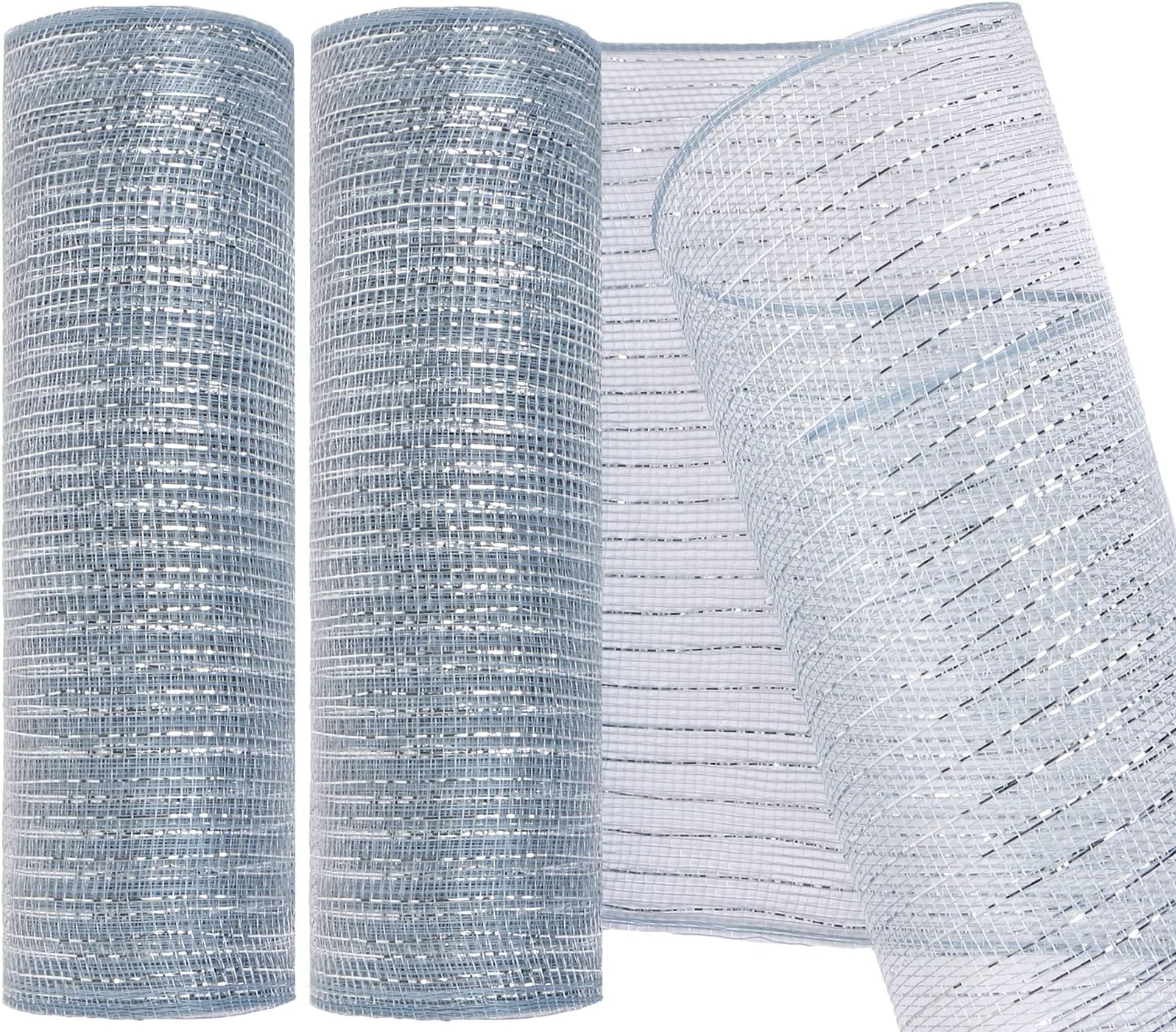 2 Pack Deco Mesh 10 Inch x 30 Feet Decor Mesh Ribbon with Metallic Foil Deco Mesh Wreath Supplies Ribbon Mesh Roll for Spring Wreaths, Craft, Party Decoration (Silver)