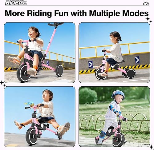 Miniatura 9 de Ridego Triciclo 5 en 1 para niños pequeños de 3 a 5 años, bicicleta plegable con mango de empuje y soporte para tazas, bicicleta de equilibrio ideal