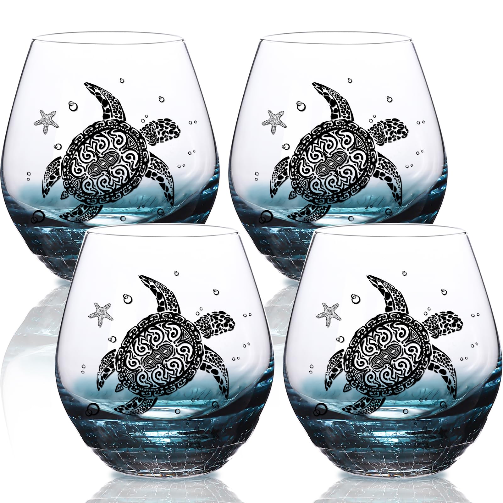 Sea Turtle Wine Glasses Set 4-13.3oz Crackle Teal Design, Hand blown Tortoise Wine Tumbler,Sea Turtle Gifts for Women, Birthday/Housewarming/Christmas Gifts for Seaturtle Lovers(4Count, Black)