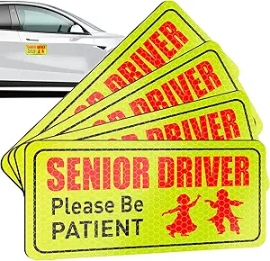 4 PCS Senior Driver Stickers, Senior Driver Car Magnet, Reflective Magnetic Safety Sign, Please Be Patient Seniors Drivers Magnet for Old People Gifts, Safe Decals for Cars Bumper, Car Accessories