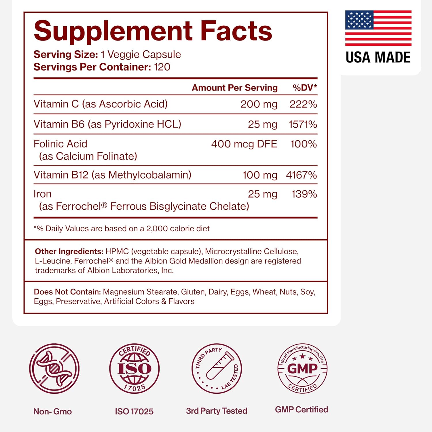 Iron Supplement for Women - Gentle Chelate Iron Bisglycinate 25mg with Vitamin C, B6, B12 Folic Acid – Supports Iron Deficiency, Menstrual Health & Energy - 120 Count - Image 7