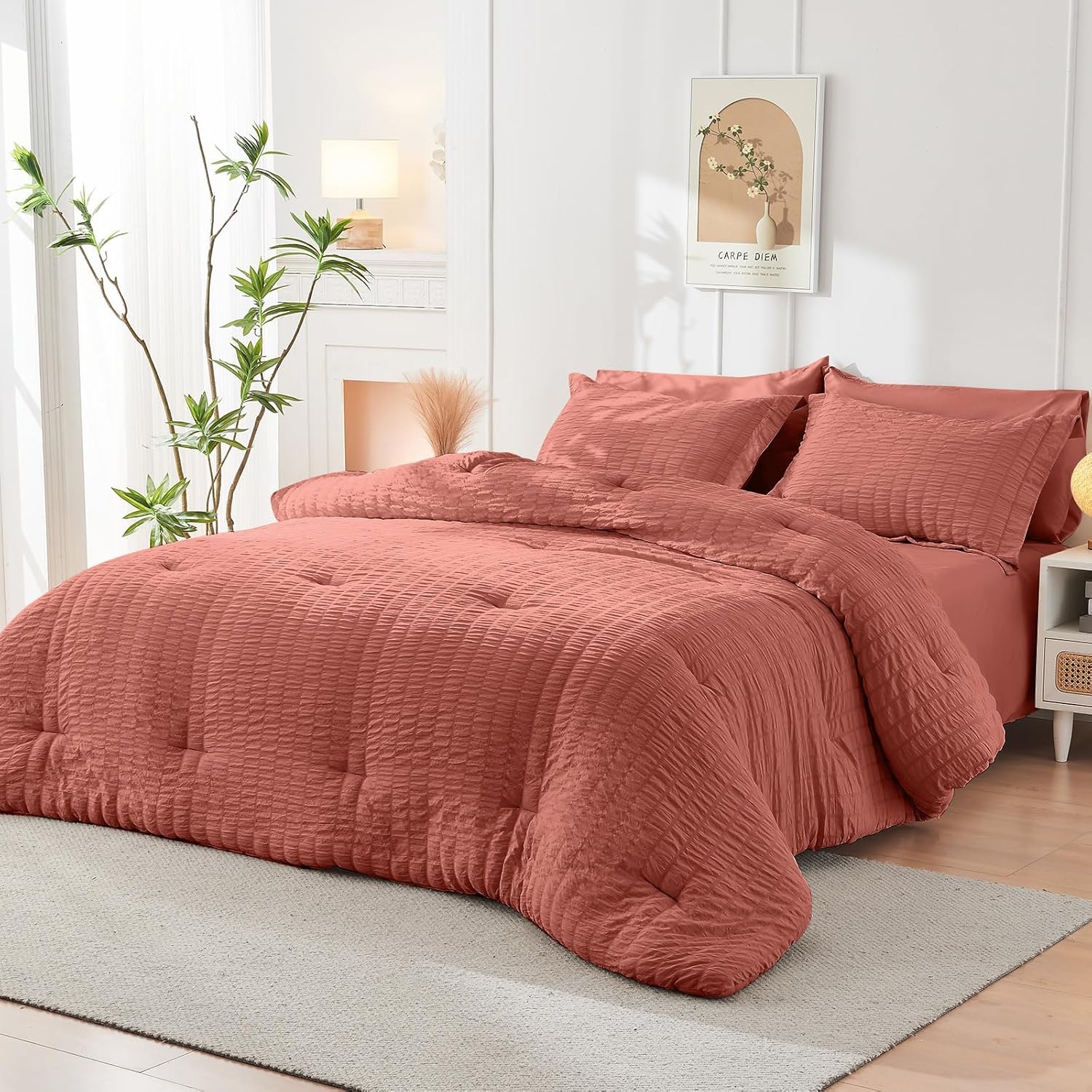 HYMOKEGE Coral King Size Comforter Set Seersucker 7 Pieces, All Season Luxury Bed in a Bag for Bedroom, Bedding Set with Comforter, Sheets, Pillowcases & Shams - Image 8