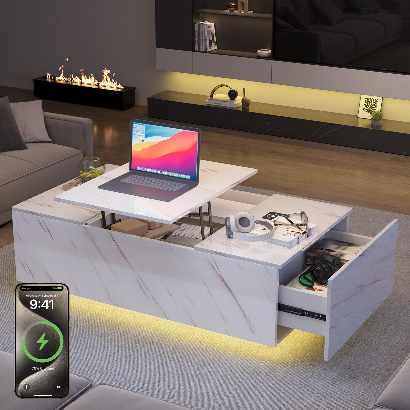 LED lift top coffee table with wireless charging and bluetooth speakers in white