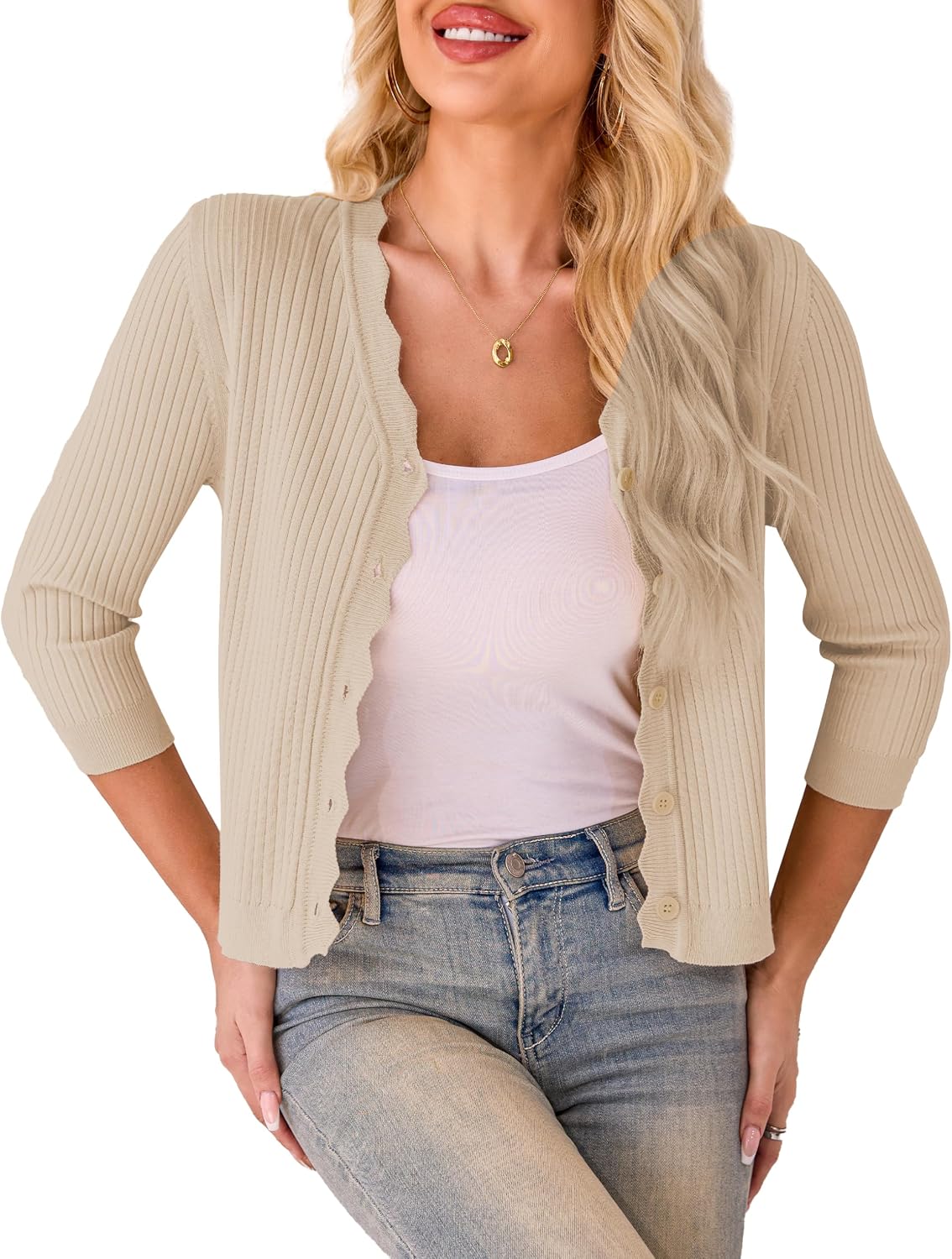 LIENRIDY Women's Cropped Cardigan Shrugs 3/4 Sleeve Button Down Ribbed Knit Sweater