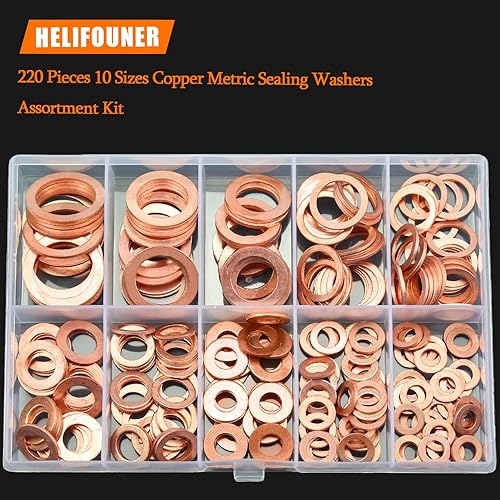 Miniatura 4 de 220 arandelas de cobre, 10 tamaños, arandelas de sellado métricas de cobre, kit surtido de arandelas planas (M5 M6 M8 M10 M12 M14 M16)