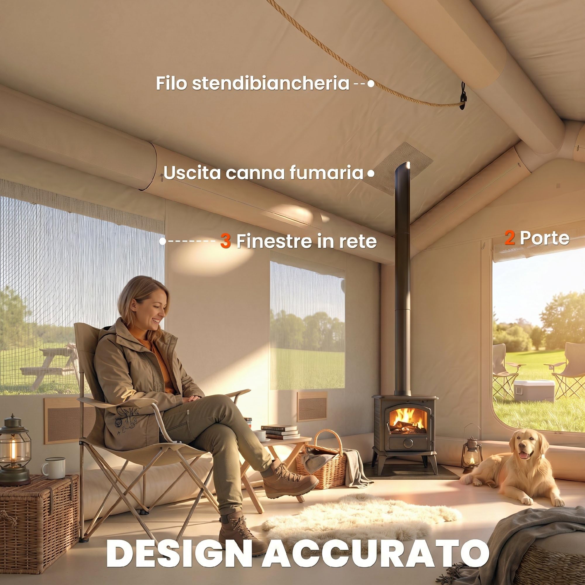 Outsunny Tenda da Campeggio Gonfiabile con Pompa per 6-8 Persone, Tenda Campeggio Impermeabile 3000mm Antivento, con Apertura per Stufa, Tetto Rimovibile e Pavimento Cucito, Montaggio Rapido, Cachi
