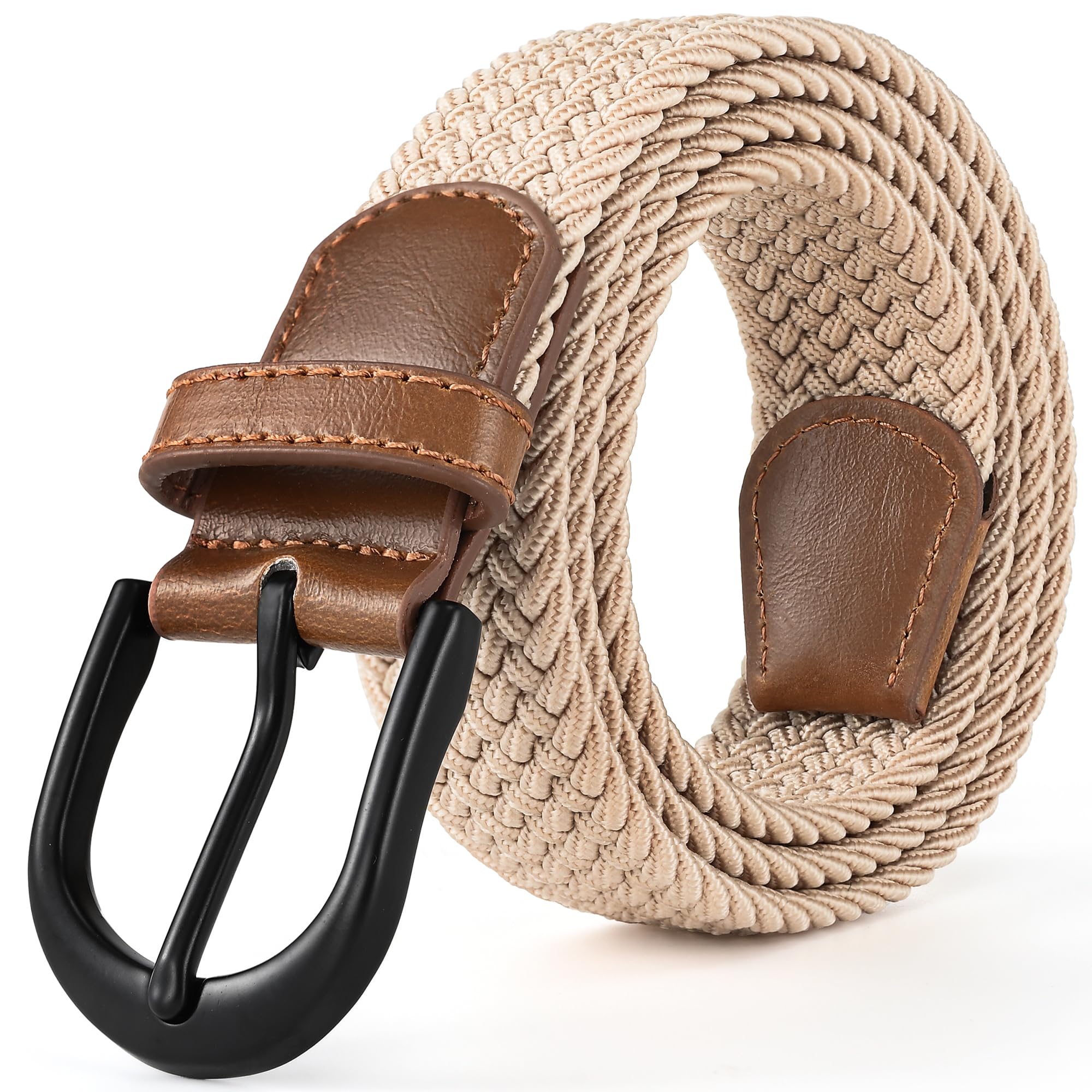 Mile High Life | Braided Stretch Elastic Belts | Pin Oval Solid Black Belt Buckle | PU Loop End Tip Men/Women/Junior Belt