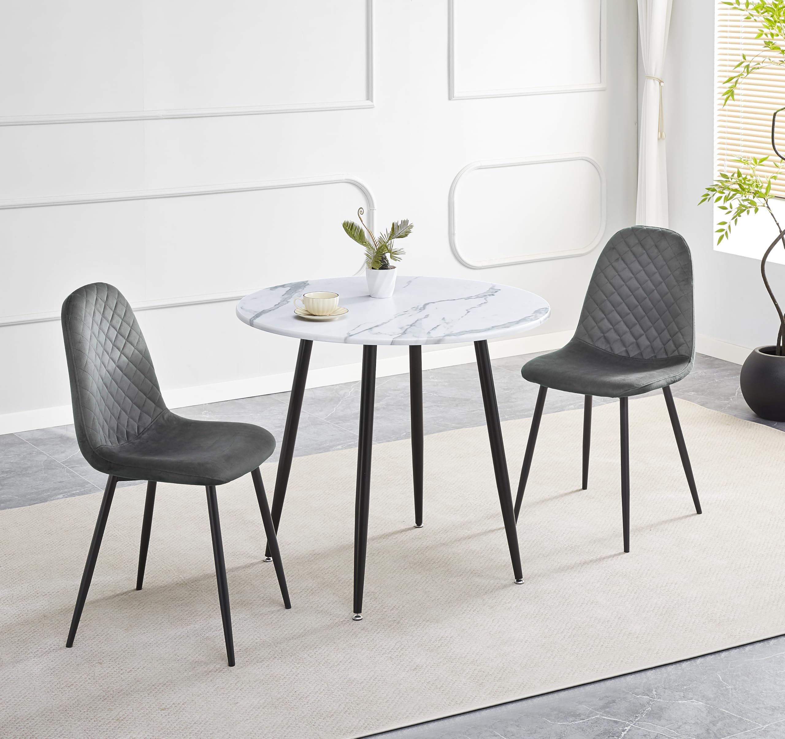 HomJoy Round Dining Table and Chairs Set of 2 Marble Effect Wood Table White 90cm Modern Grey Velvet Padded Chairs 3 Piece Dining Room Kitchen Home Office Restaurant Pub Cafe