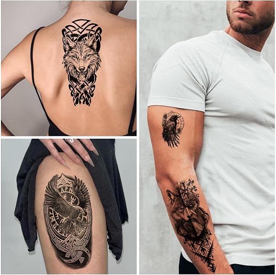 77 Sheets Temporary Tattoos for Adults and Kids - 2 Sizes Fake Tattoo Realistic Viking Norse Eagle Black Tattoo Sleeve Stickers for Men and Women Boys and Girls