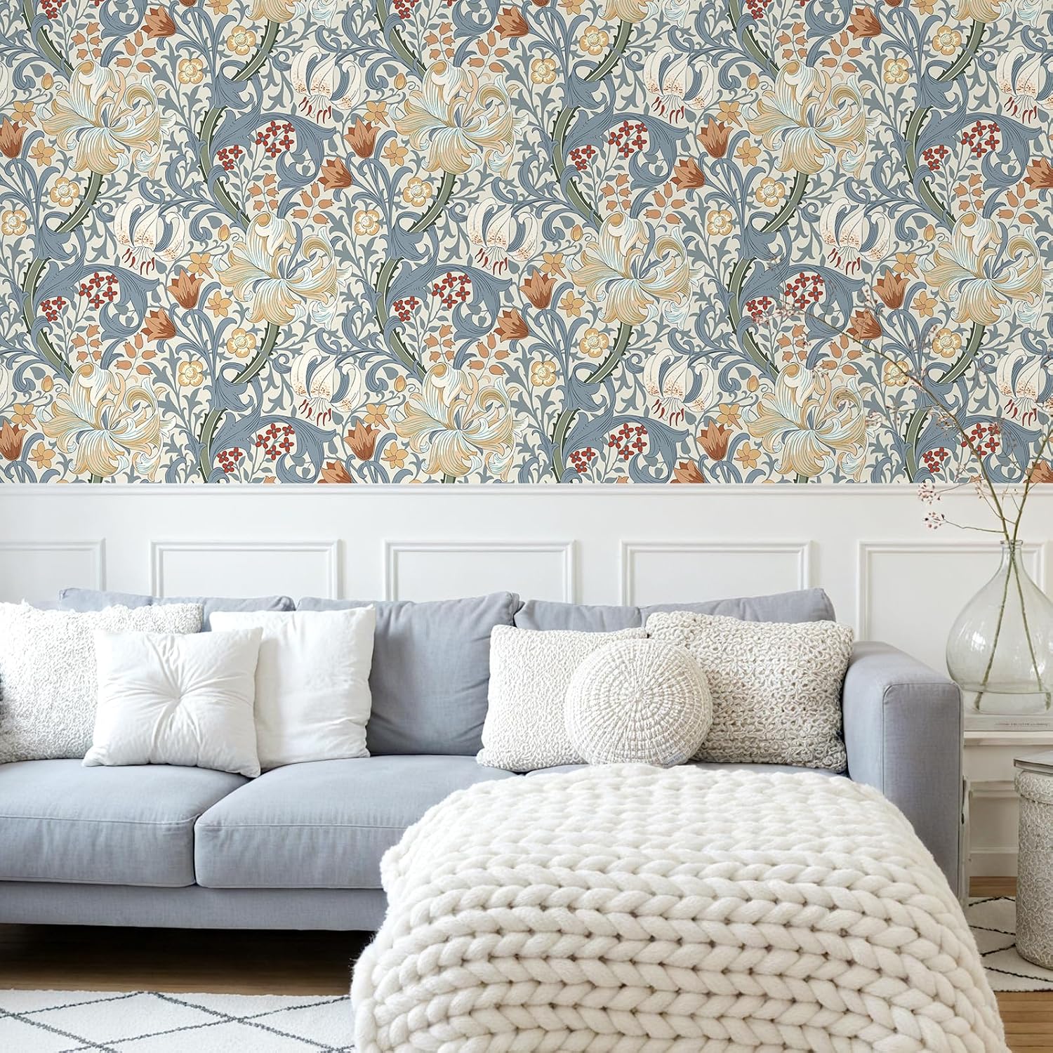 VEELIKE Vintage William Morris Peel and Stick Wallpaper Golden Lily Floral Wallpaper for Bedroom Living Room 17.7''x354'' Removable Self Adhesive Contact Paper Floral Wall Paper for Bathroom Nursery